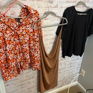 Floral Red Blouse, Black Shirt & Tan Cocktail Dress. NWT